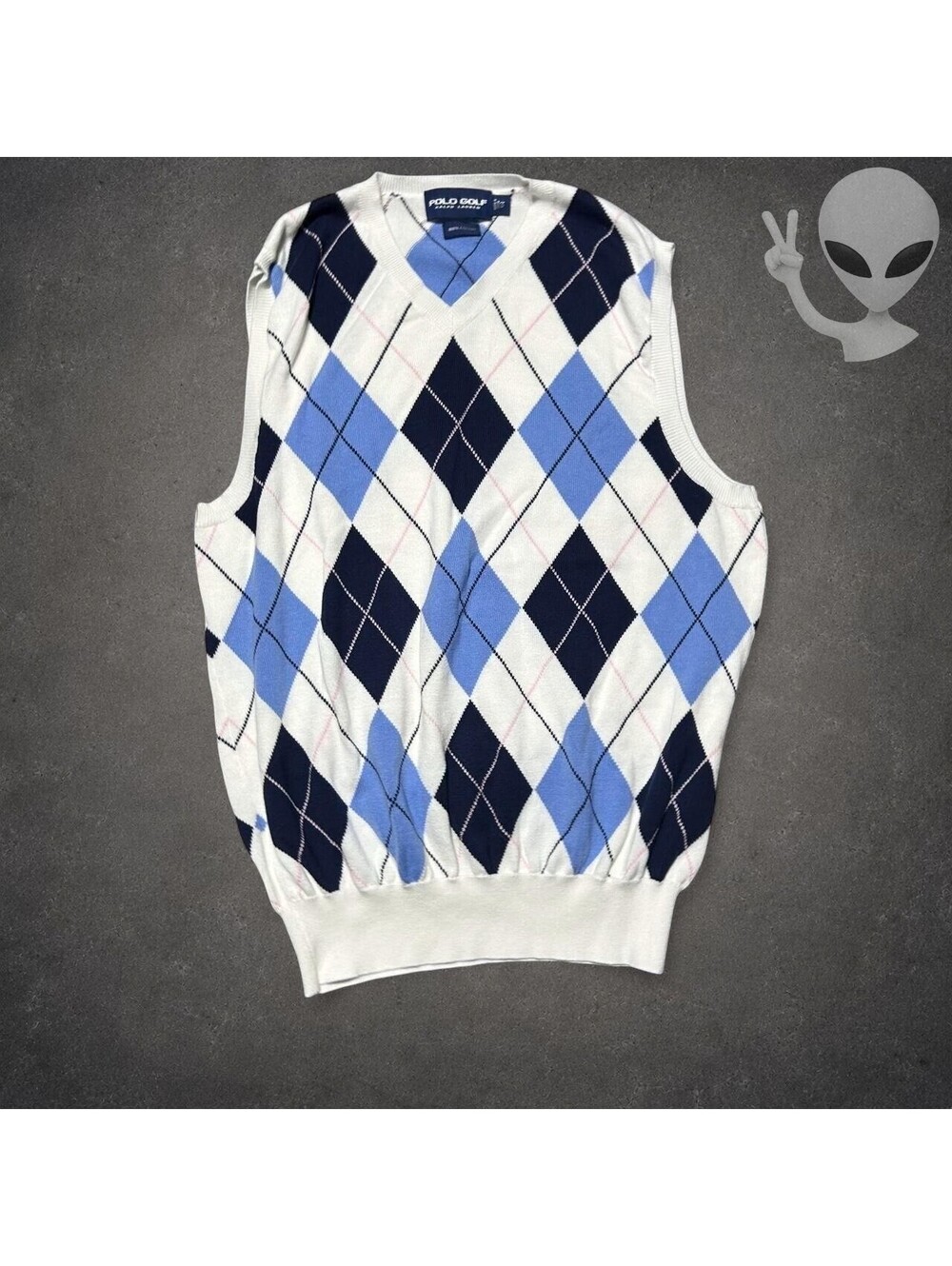 Polo Golf Ralph Lauren Sweater Vest Mens S White Blue Argyle Knit V-Neck Vintage